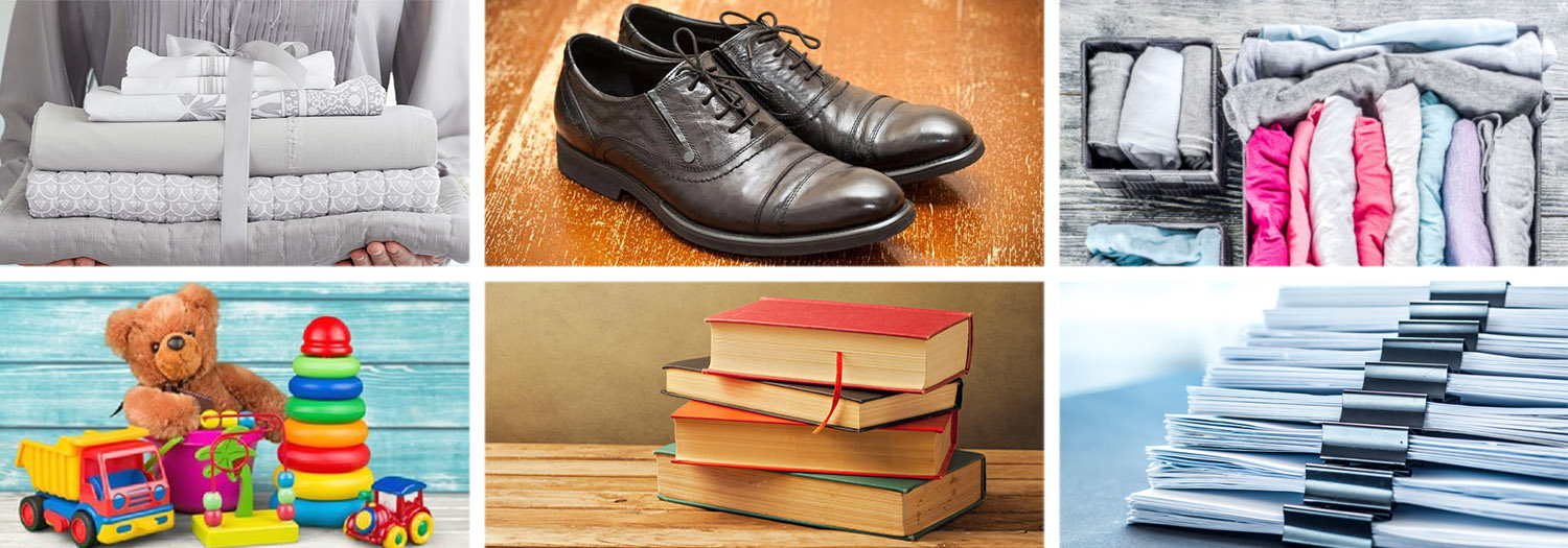 imagem com varios objetos como sapatos, livros e roupas